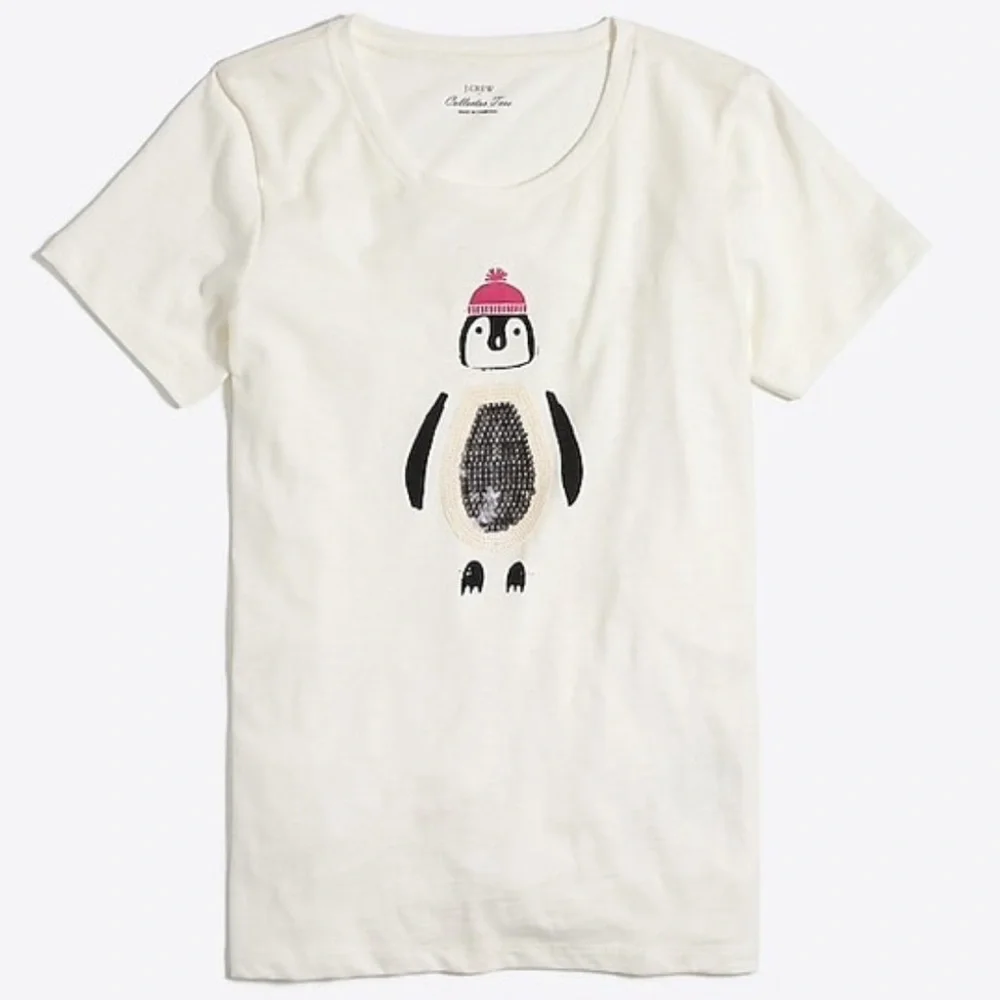 J. Crew Sequin Penguin Collector T-Shirt Short Sleeve Cotton Crew Neck Size XXS